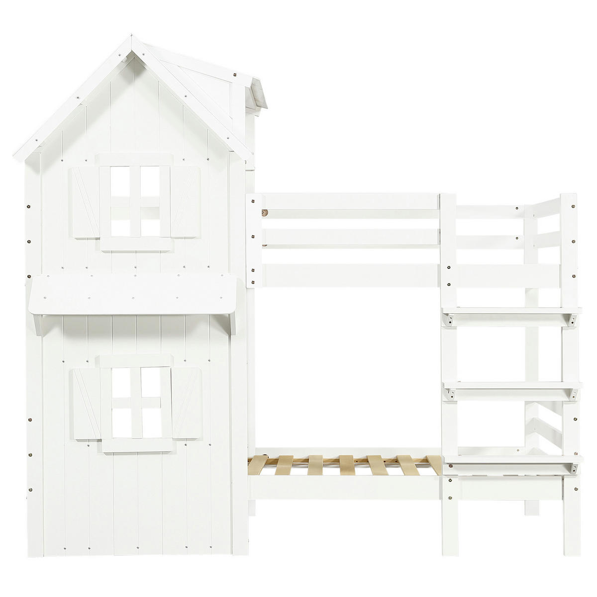 ETAGENBETT 90/200 cm in Weiß mit Dach, Fenstern und Sicherheitsgeländern - Weiß, Holzwerkstoff (90/200cm) - OKMYHOME