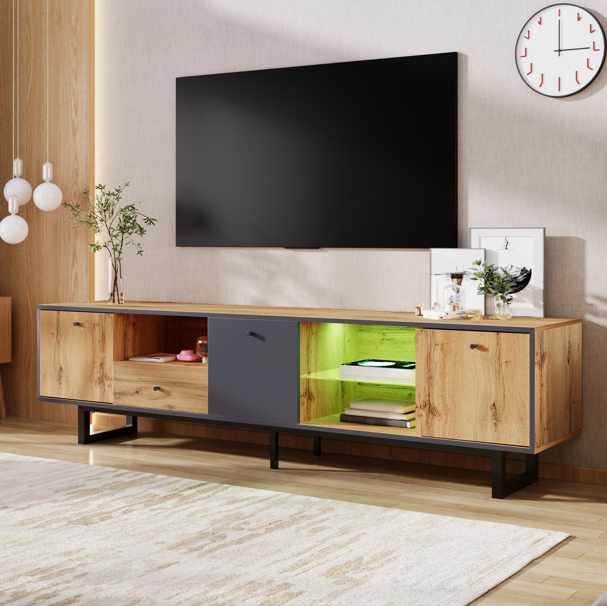 LOWBOARD 190/40/50 cm aus Spanplatte mit LED-Beleuchtung Naturfarben/Anthrazit - Naturfarben, Holzwerkstoff (190/50/40cm) - Modenvie