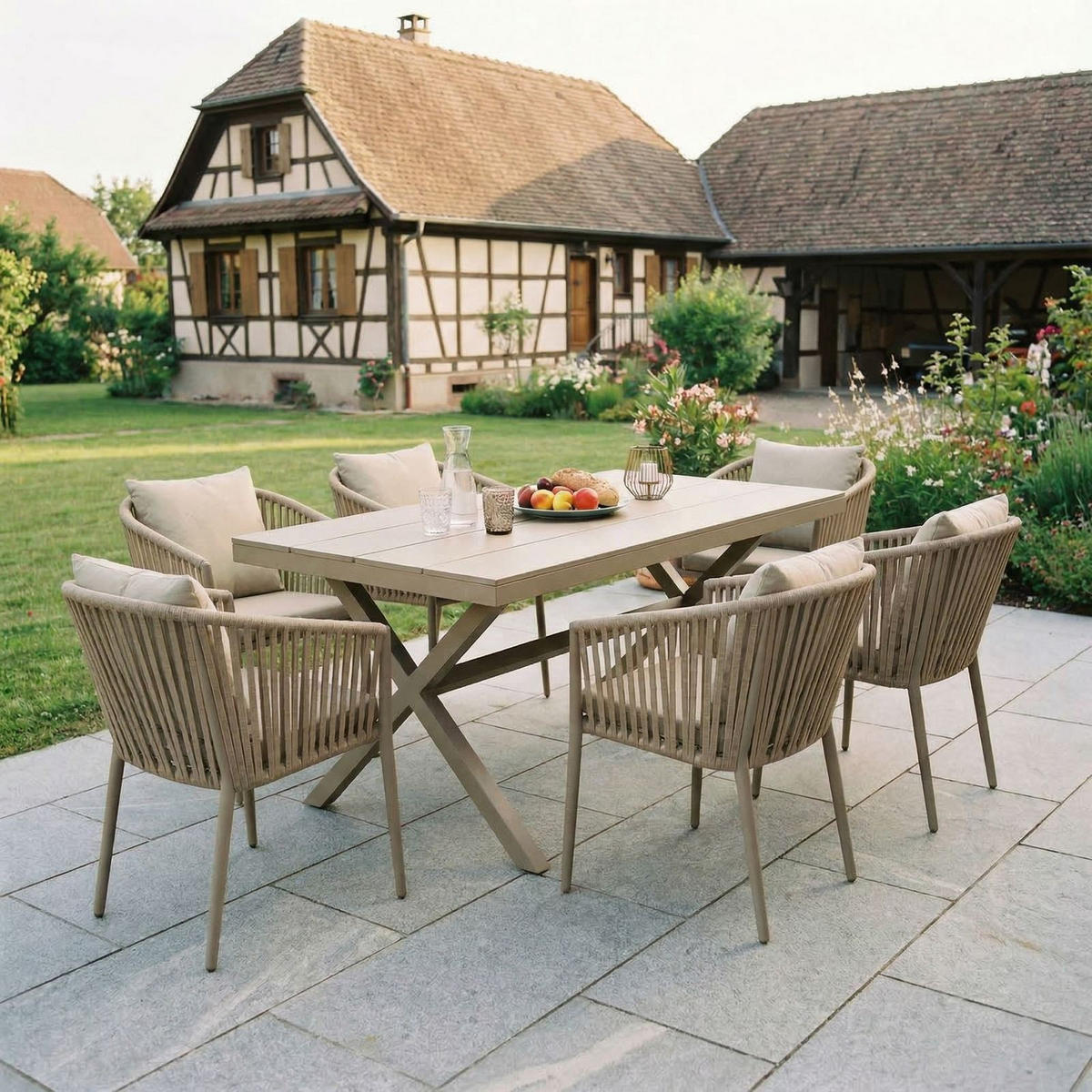 GARTENMÖBEL SET ISOLA 7ER SET BRAUN, NATUR, CHAMPAGNE - Braun, Kunststoff/Metall - CARO-Möbel