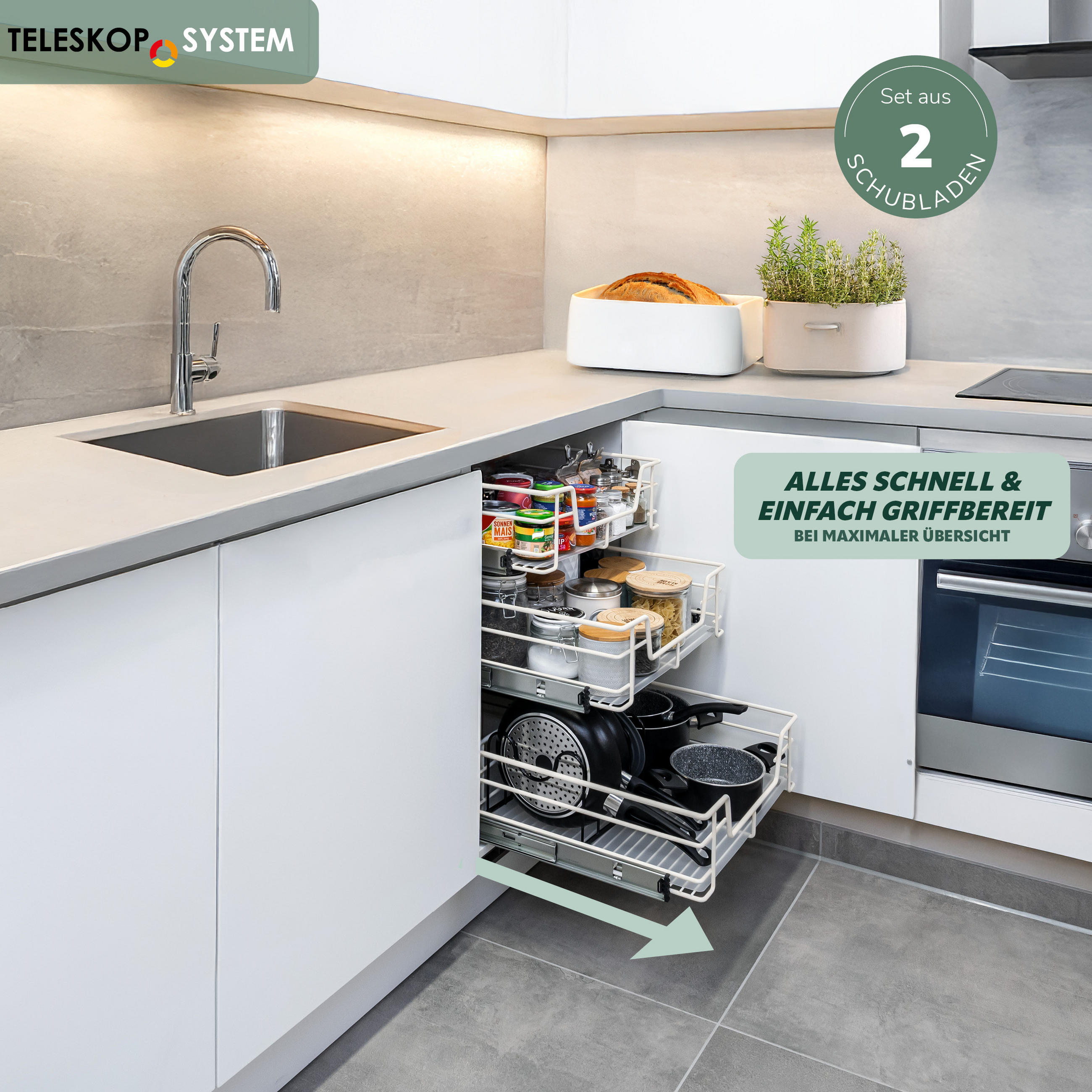 TELESKOPSCHUBLADEN (2er Set), für 60 cm Schrank, Metall, Cremeweiß - Chromfarben, Metall (57/14/44cm) - bremermann