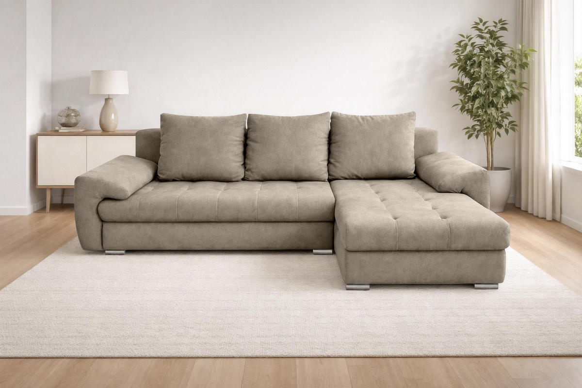 ECKSOFA L Form Manisa Hellbraun 234/145/83 cm Rechts mit Schlaffunktion - Hellbraun/Silberfarben, Kunststoff/Textil (234/145cm) - AX Living
