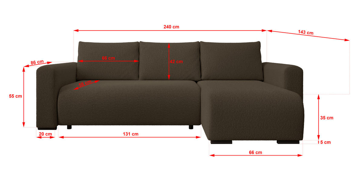 ECKSOFA DORA L, Eckcouch in L-Form mit Schlaffunktion und Bettkasten, Farbe: Dunkelbraun, Bouclé-Stoff, Ottomane Rechts - Dunkelbraun, Textil (240/143cm) - Storez24