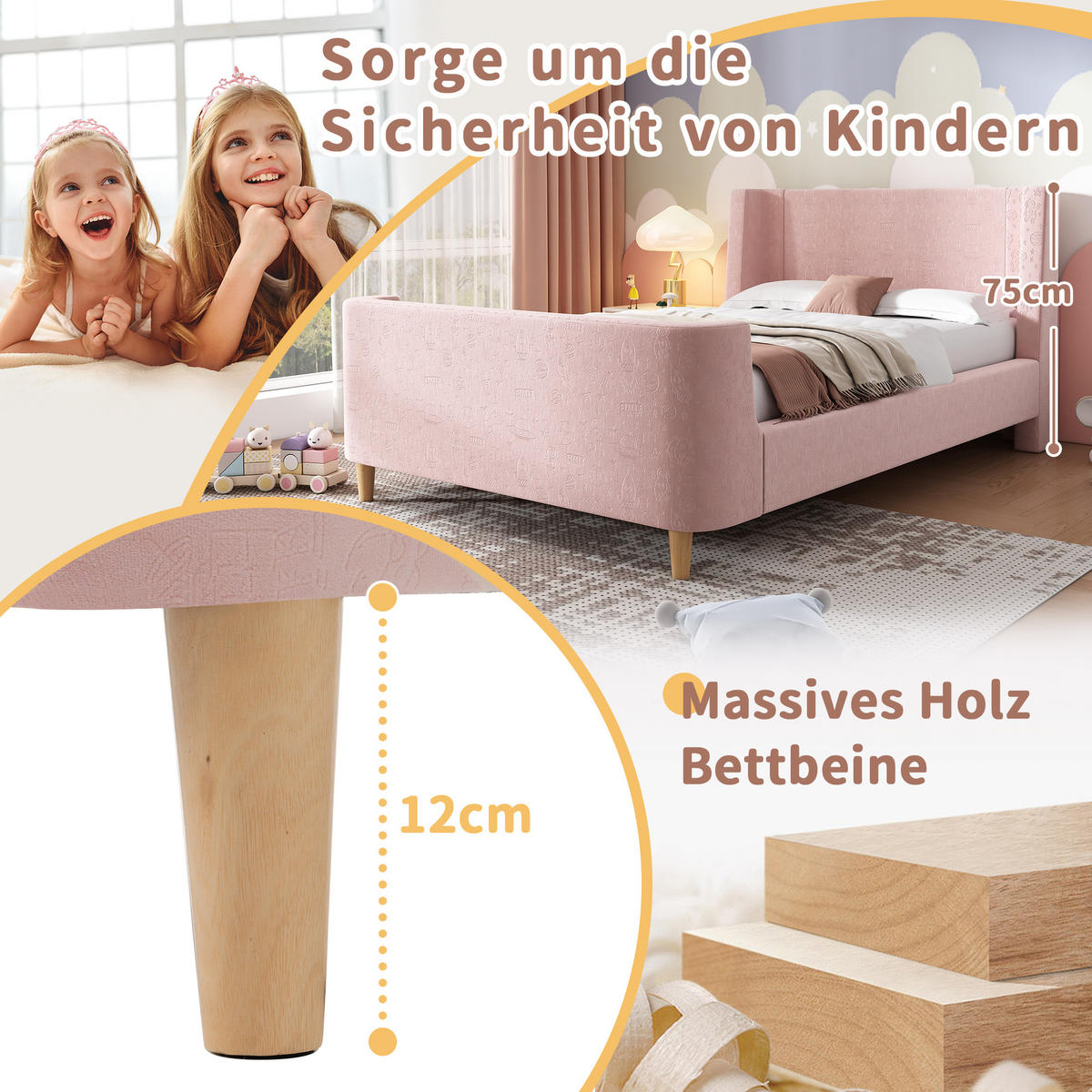 KINDERBETT Kindereinzelbetten 90/200 cm im Schlittenbett-Design mit Weltraummuster und Samtbezug, Rosa - Rosa, Textil (90/200cm) - Redom