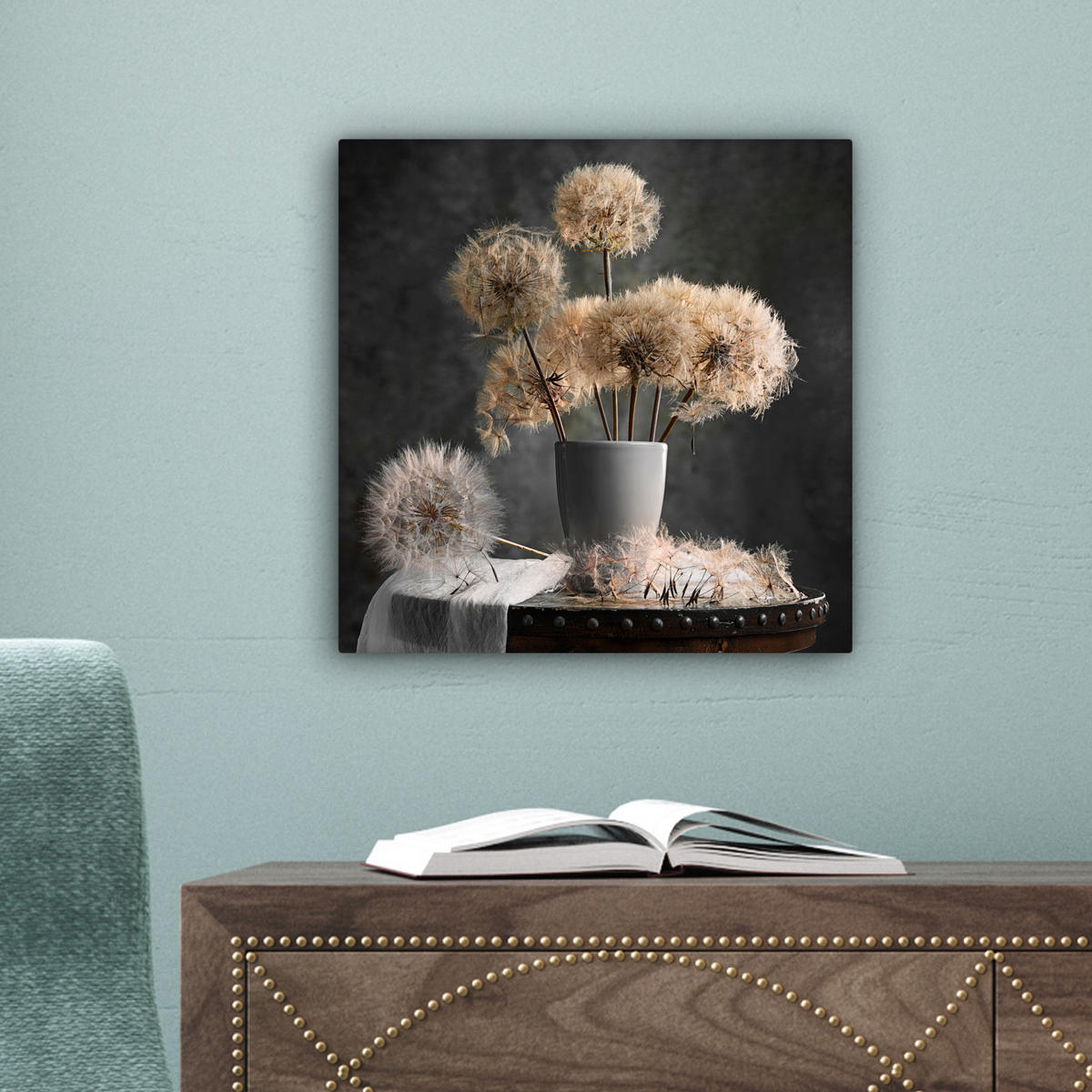 LEINWANDBILD Blumensamen - Löwenzahn - Vase - Stilleben - Blumenstrauß Deko Wohnzimmer 20x20 cm - Dunkelgrau, Textil (20/20cm) - MuchoWow