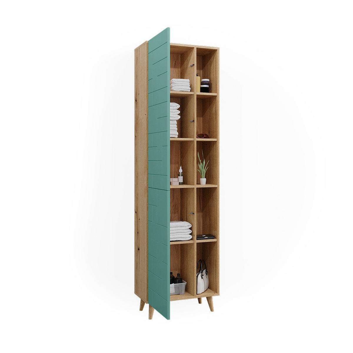 BADSCHRANK Rudi Mintgrün 56 x 193 cm mit Türen, und offenen Fächern - Mintgrün, Holzwerkstoff (56/193/30.6cm) - Vicco