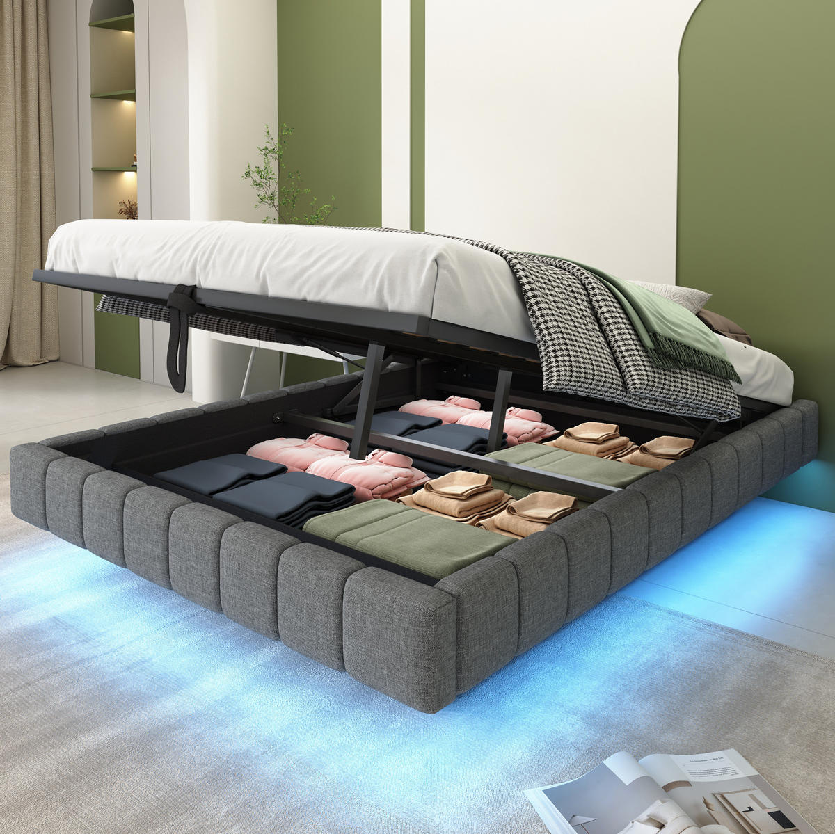 POLSTERBETT 140/200 cm grau aus Stoff mit LED und Stauraum - Grau, Textil (140/200cm) - OKMYHOME