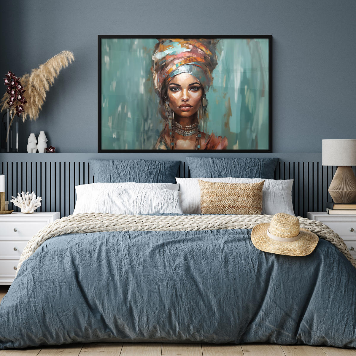 ZARÁMOVANÝ PLAGÁT Žena - Umenie - Šperky - Portrét 120x80 cm - modrosivá, papier (120/80cm) - MuchoWow