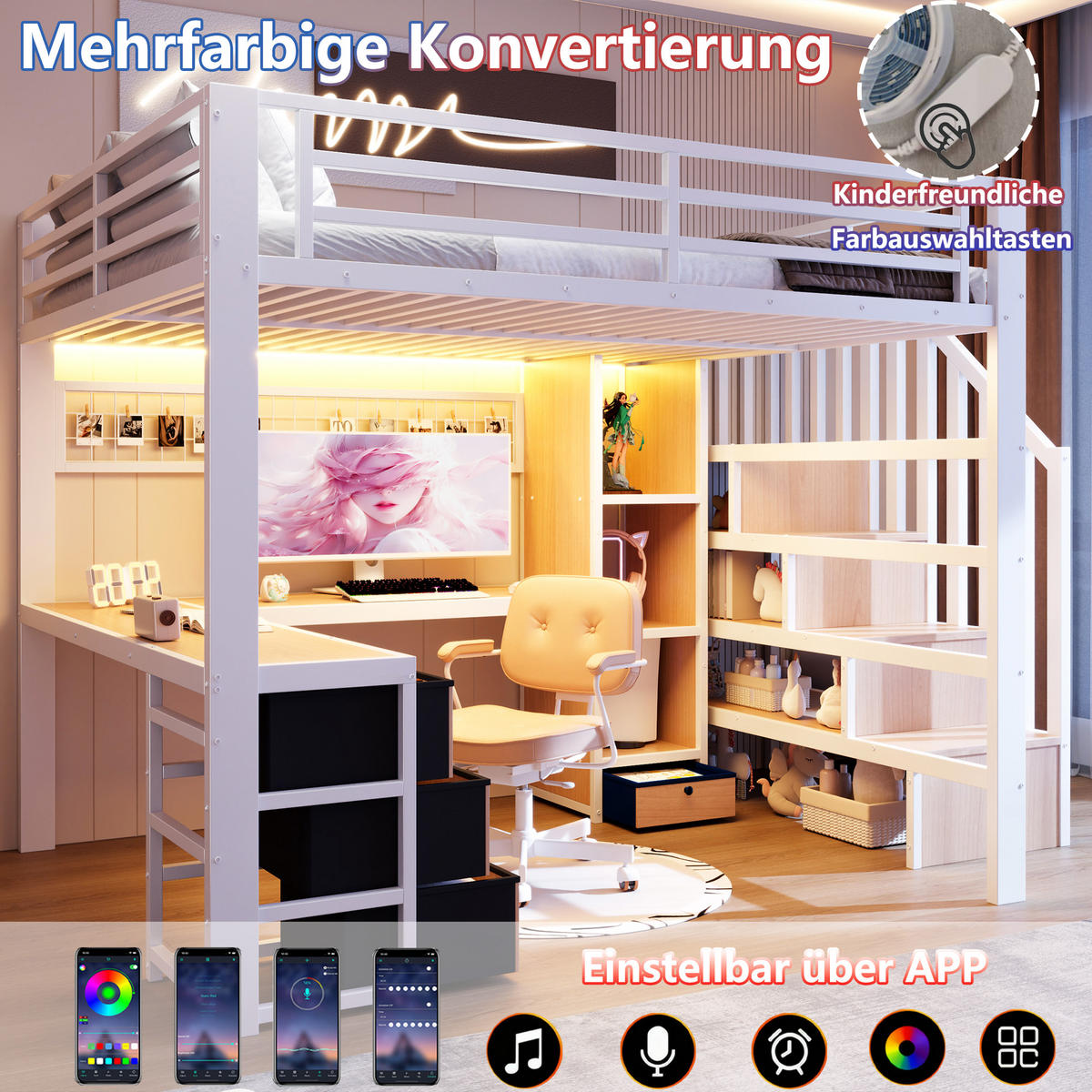 HOCHBETT 140/200 cm in Weiß mit 4 Schubladen, Schreibtisch und LED - Weiß, Holzwerkstoff/Metall (140/200cm) - STILVORA