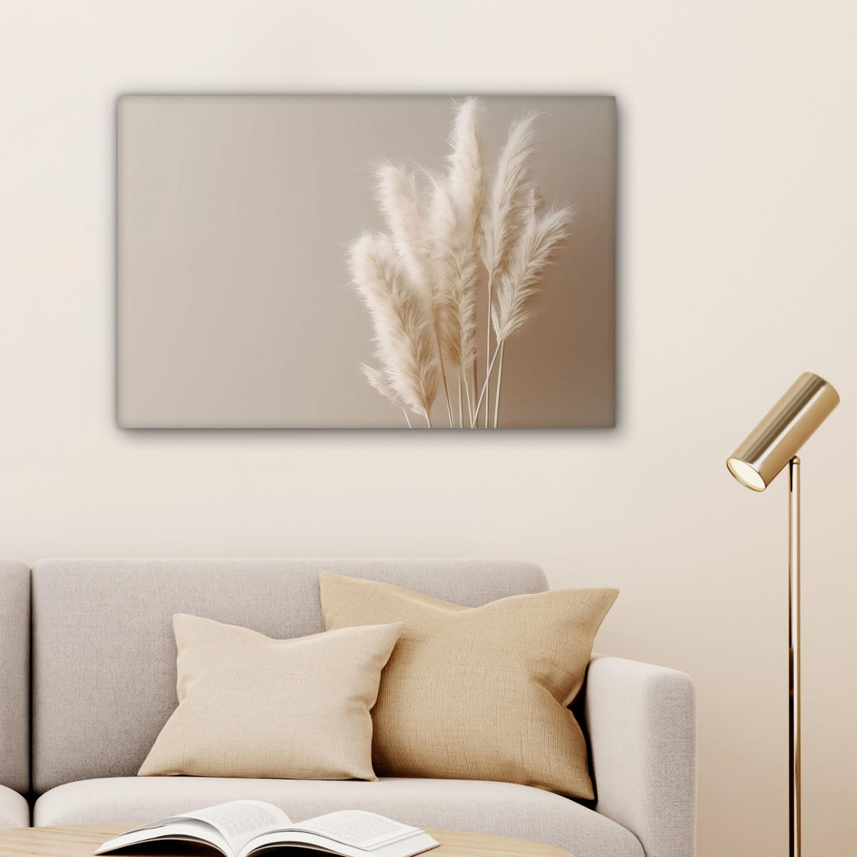 LEINWANDBILD Pampasgras - Federn - Pastell - Weiß Wanddeko 90x60 cm - Naturfarben, Textil (90/60cm) - MuchoWow