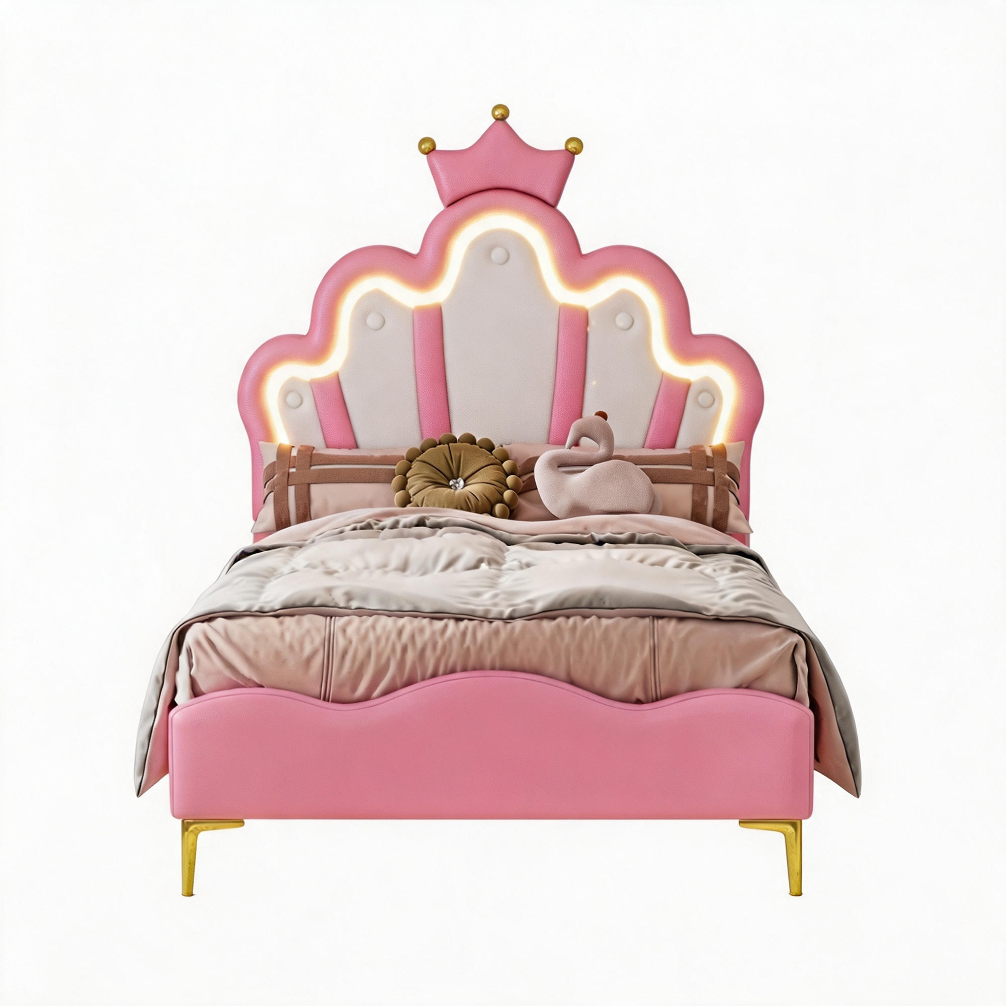 KINDERBETT 90x200 mit LED, Blütenblatt Kopfteil mit Krone, Rosa PU, höhenverstellbar - Pink, Leder/Holz (90/200cm) - GENKI LIVING