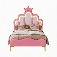 KINDERBETT 90x200 mit LED, Blütenblatt Kopfteil mit Krone, Rosa PU, höhenverstellbar - Pink, Leder/Holz (90/200cm) - GENKI LIVING