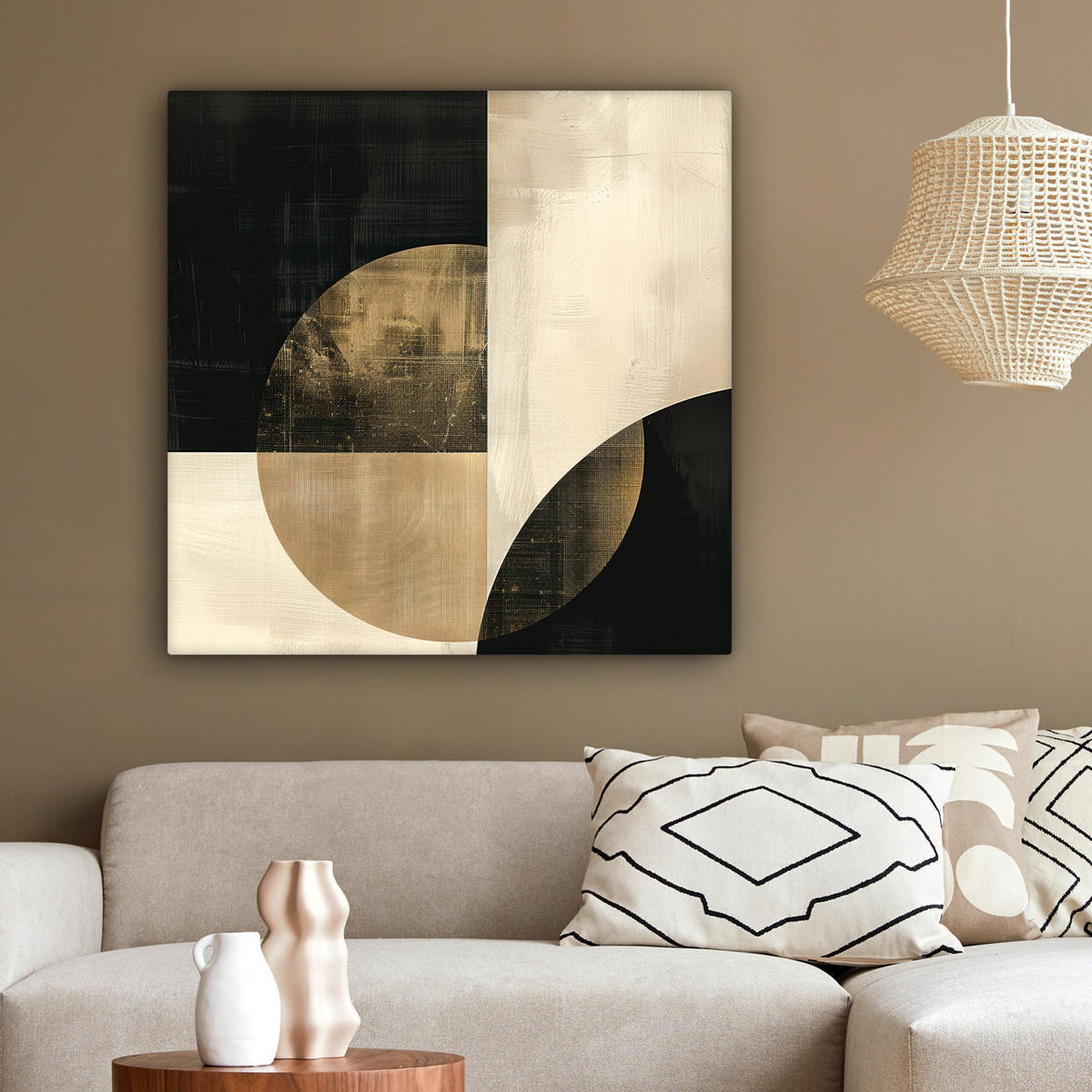LEINWANDBILD Abstrakt - Geometrische Formen - Schwarz - Gold 90x90 cm - Ecru, Textil (90/90cm) - MuchoWow