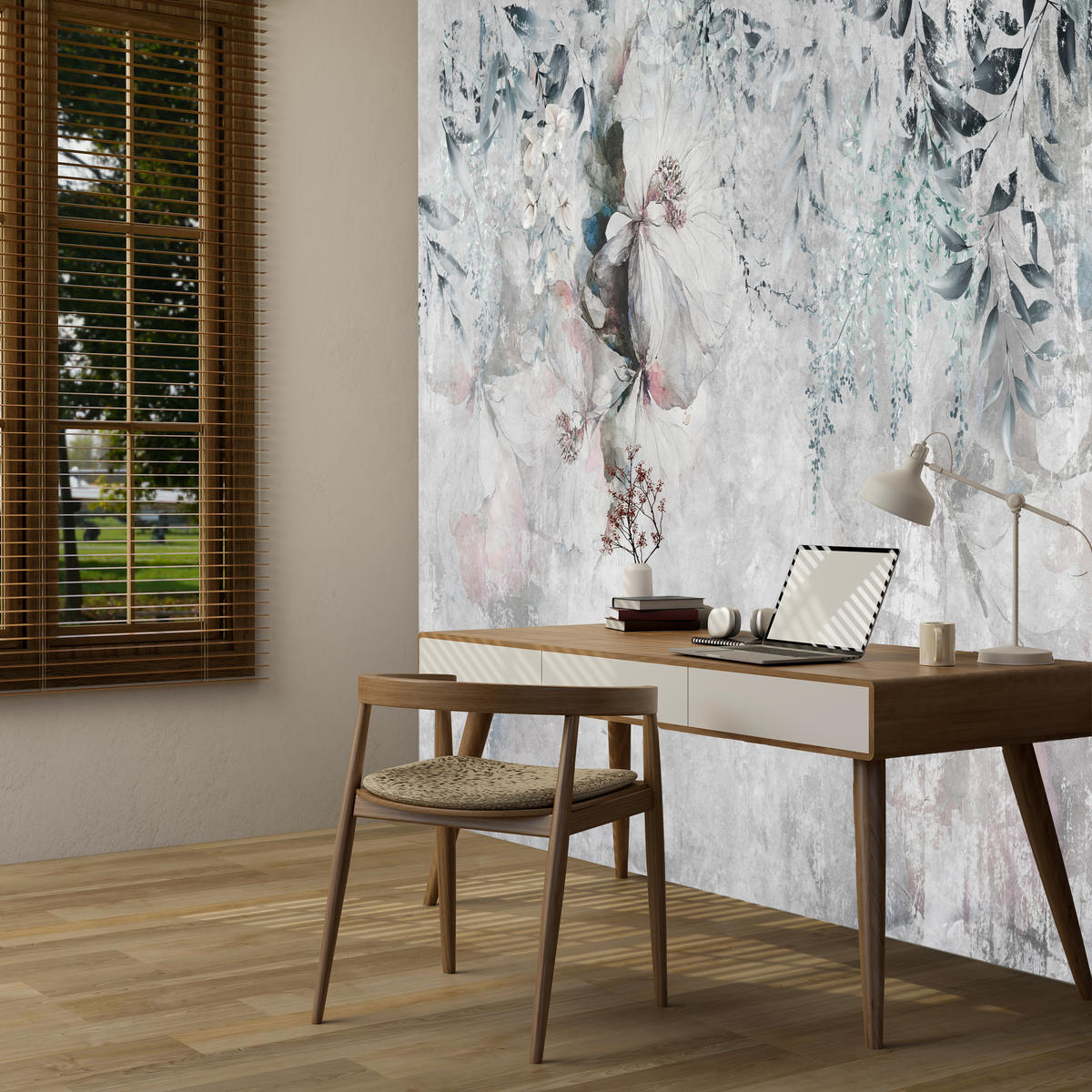 FOTOTAPETE für Schlafzimmer Zarte Blätter Beton Blumen Natur 350x256 - Schwarz/Rosa, Papier (350/256cm) - Muralo