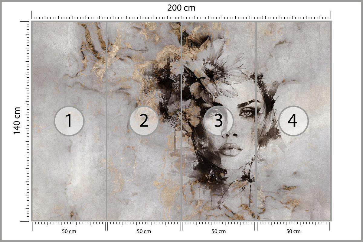 FOTOTAPETE für Wohnzimmer Frau Porträt Beton Blumen Modern 200x140 - Gelb/Beige, Papier (200/140cm) - Muralo