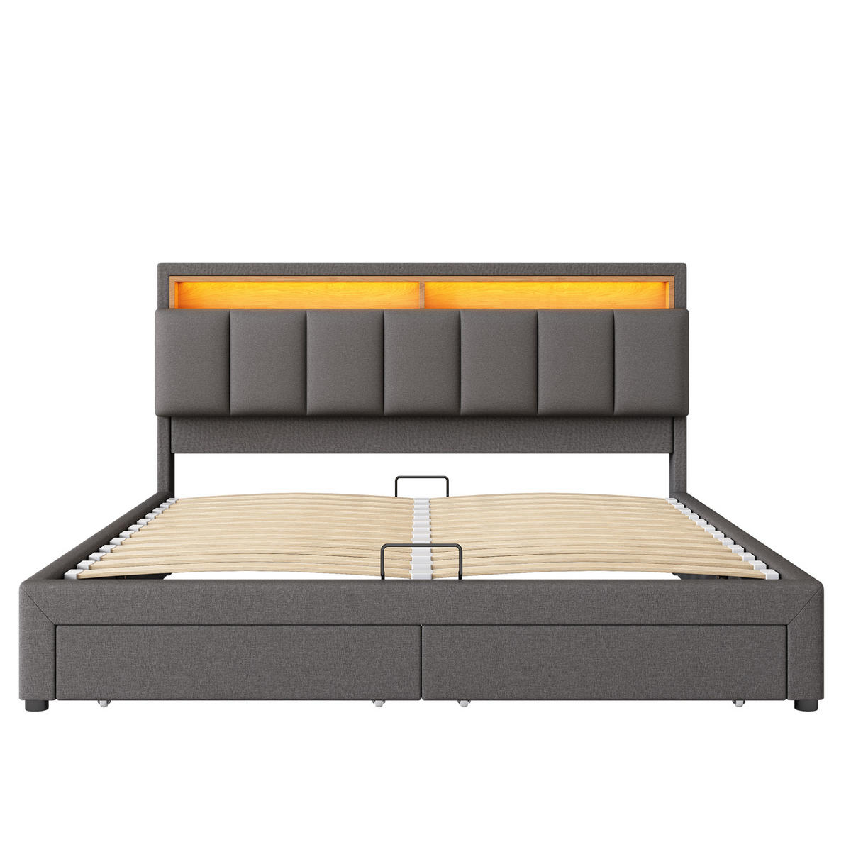 POLSTERBETT 180/200 cm dunkelgrau aus Leinen mit LED und Bettkasten - Dunkelgrau, Textil (180/200cm) - OKWISH