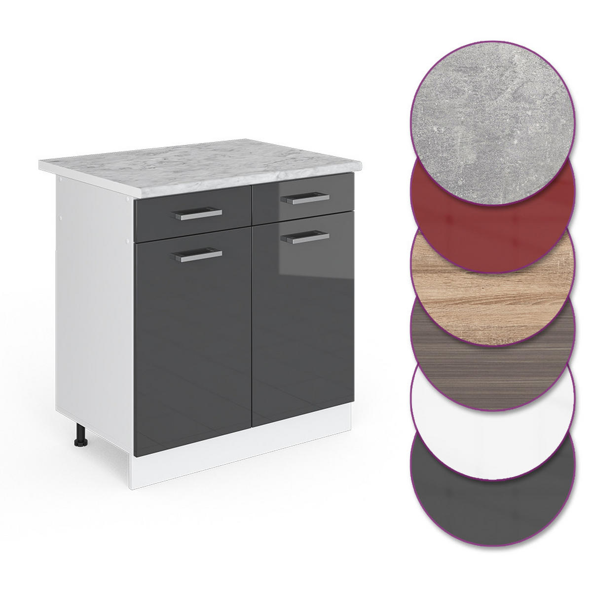 KÜCHENUNTERSCHRANK R-Line Anthrazit Hochglanz 80 cm, AP Marmor - Schwarz Hochglanz/Anthrazit, Holzwerkstoff (80/81.6/60cm) - Vicco