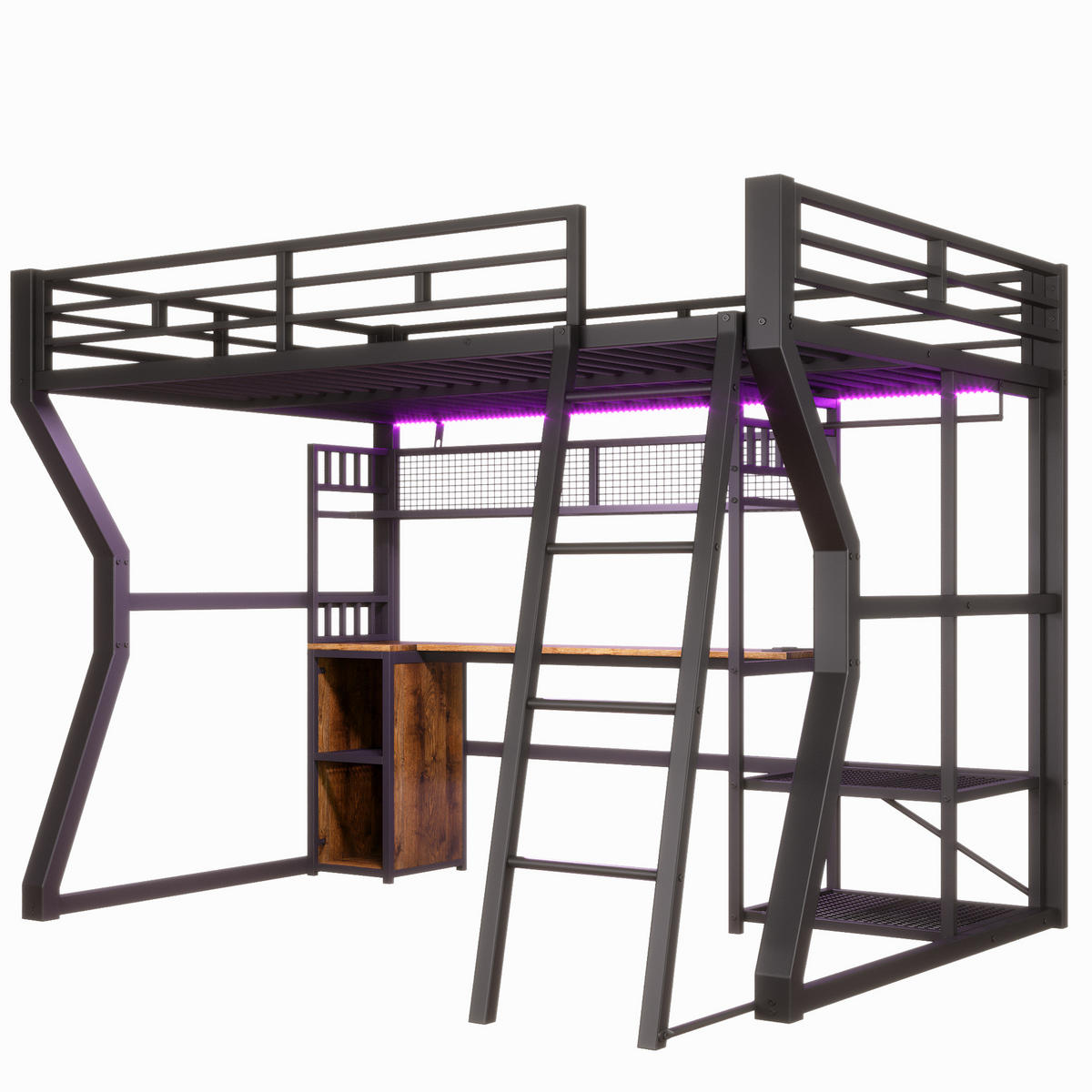 HOCHBETT 140/200 cm mit Lichtleiste, Steckdose, Schreibtisch, Staufächern - Schwarz, Metall (140/200cm) - MIVRAY