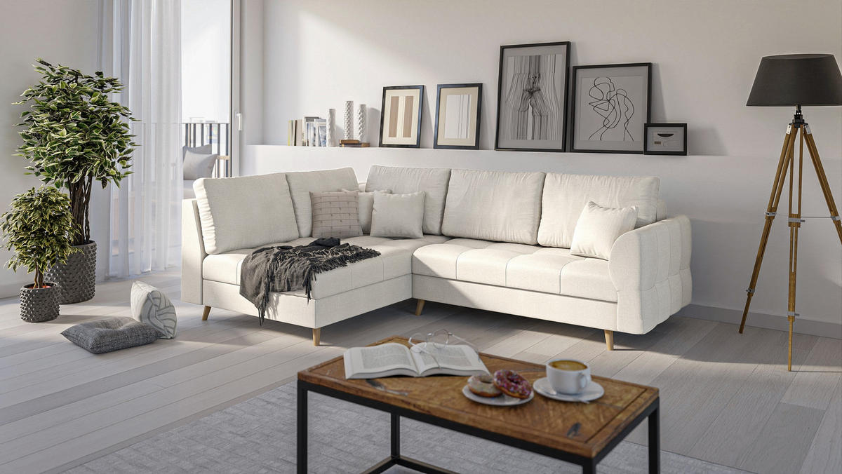 ECKSOFA MIT HOCKER Lorine Mikrofaser Ecru - Ecru/Hellbraun, Buchenholz/Textil (231/161cm) - S-Style Möbel
