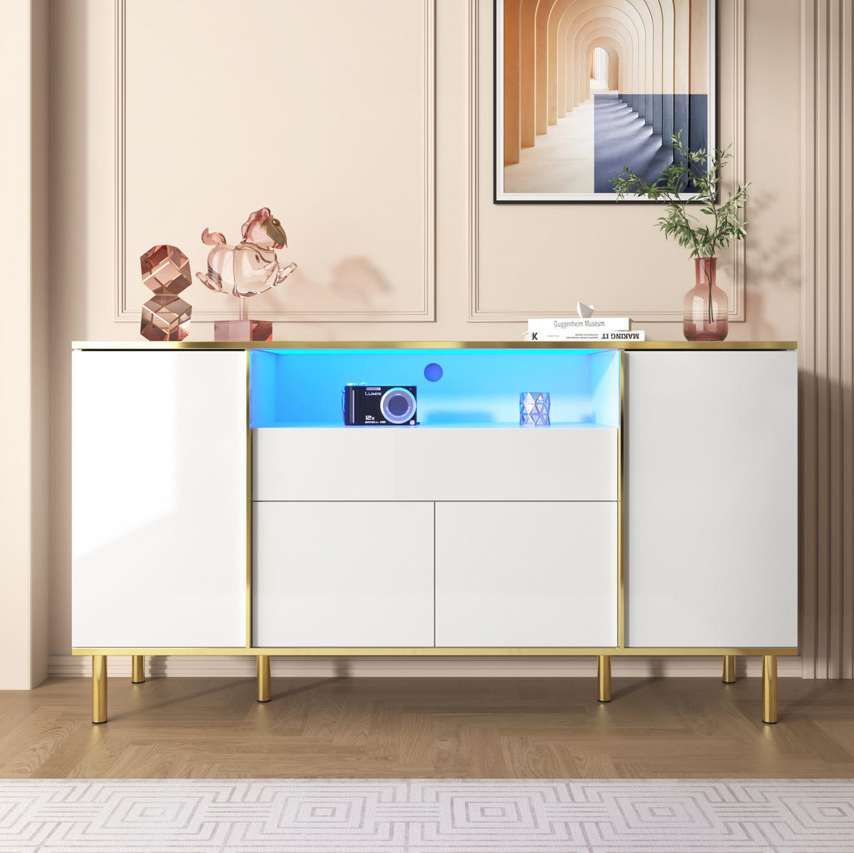 SIDEBOARD mit LED 150x40x80 cm Weiß Hochglanz - Weiß, Holzwerkstoff (150/80/40cm) - Meubliv