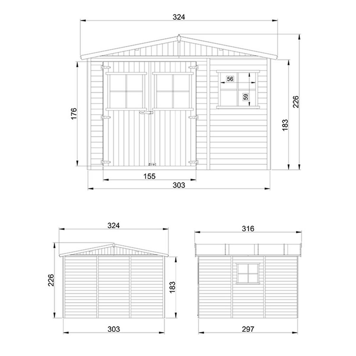 HOLZ-GARTENHAUS - H226x316x324 cm/9 m² - M335 - Beige, Holz (324/226/297cm) - Timbela
