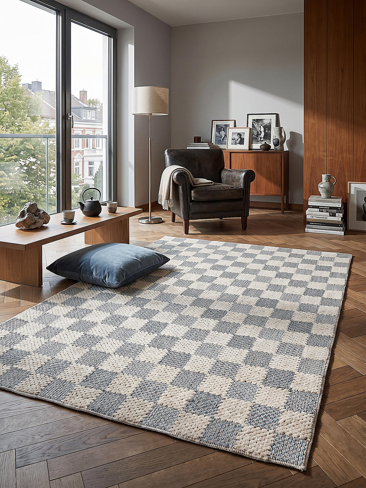 BAUMWOLLTEPPICH waschbar AFTON, Schachbrettmuster, Natur-Blau, 155 x 230 cm - Beige, Textil (155/230cm) - KADIMA DESIGN