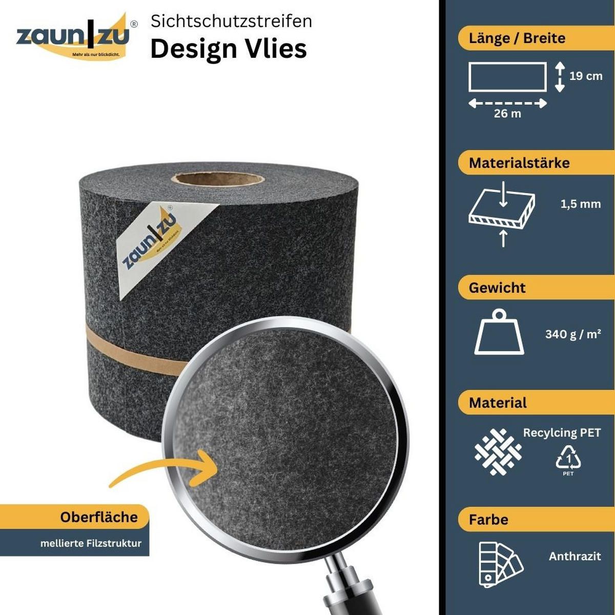 SICHTSCHUTZSTREIFEN Design Vlies für Doppelstabmatten Anthrazit 26m - Anthrazit, Kunststoff (2600/19cm) - ZAUN|ZU
