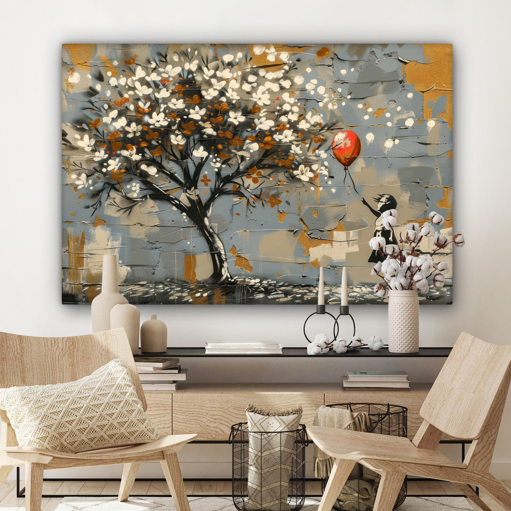 LEINWANDBILD Baum - Graffiti - Banksy-Stil - Ballon-Mädchen Groß 140x90 cm - Blaugrau, Textil (140/90cm) - MuchoWow