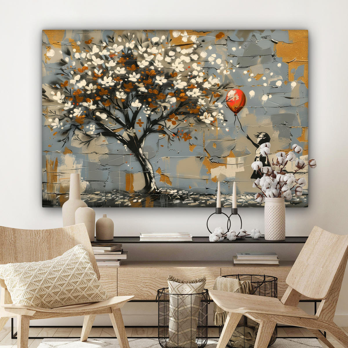 LEINWANDBILD Baum - Graffiti - Banksy-Stil - Ballon-Mädchen Wohnzimmer 120x80 cm - Blaugrau, Textil (120/80cm) - MuchoWow