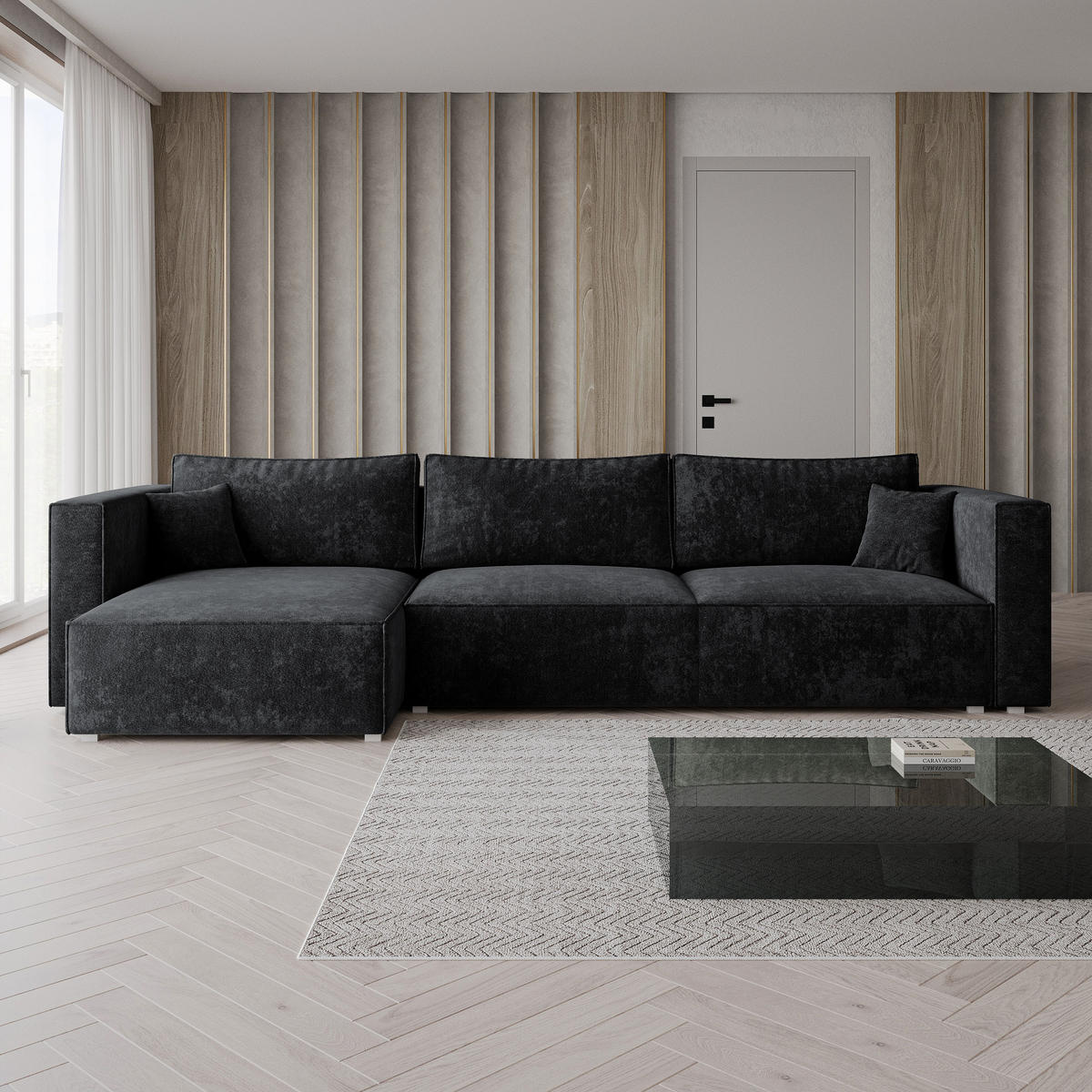 ROHOVÁ Sedačka TOLMO LUMO 80, Černá - šedá/černá, dřevo/textil (347/148cm) - MASSENO