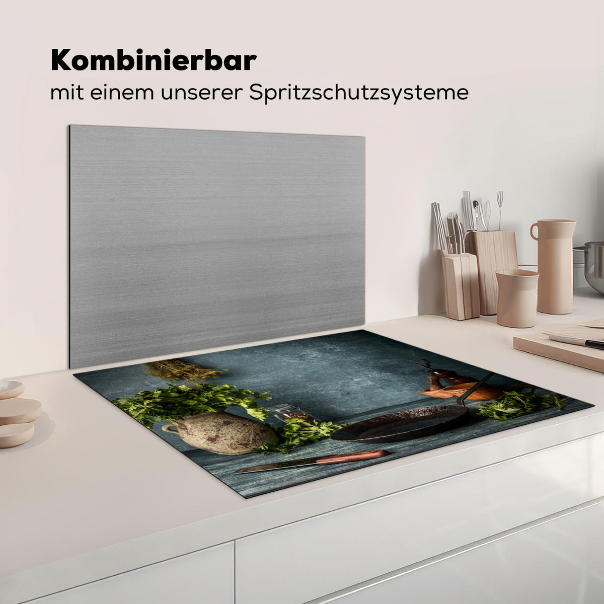 HERDABDECKPLATTE Kräuter - Gewürze - Pfanne - Messer - Grau - Rustikal Induktionsmatte 77x59 cm - Petrol, Kunststoff (77/59/0.2cm) - MuchoWow
