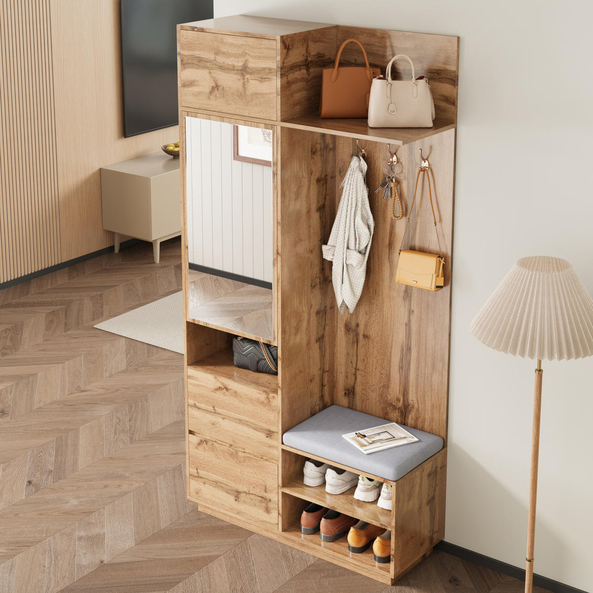 GARDEROBE Spiegel Sitzbank Schuhschrank - Naturfarben, Holz (90/190/34.5cm) - Fortuna Lai