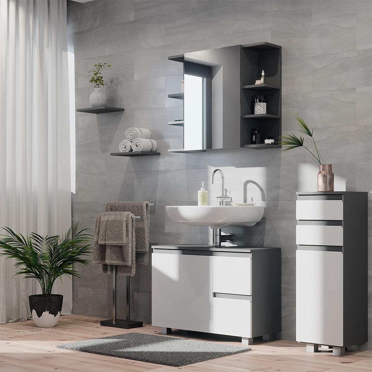 BADMÖBEL-SET J-Shape Anthrazit 3 Teile, mit Midischrank - Anthrazit/Weiß, Holzwerkstoff (80/60/33cm) - Vicco