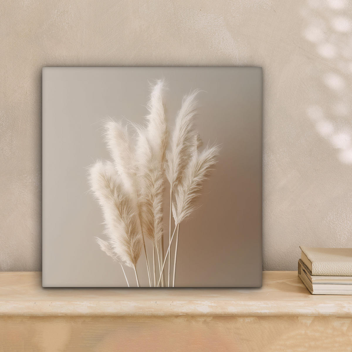 LEINWANDBILD Pampasgras - Federn - Pastell - Weiß Deko Wohnzimmer 20x20 cm - Naturfarben, Textil (20/20cm) - MuchoWow