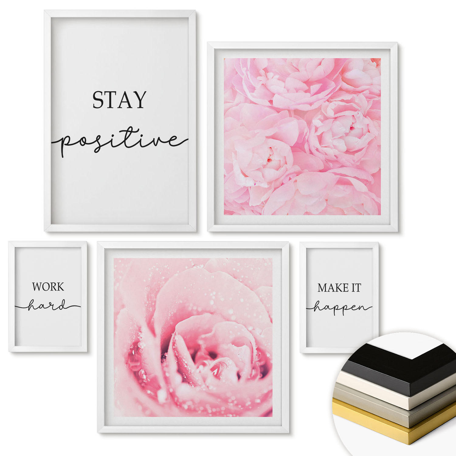WANDBILDER 5er-Set - 50x50 cm & 20x30 cm & 40x60 cm Weißer Rahmen - Minimalistische rosa Blüten - Weiß, Kunststoff (40/60cm) - ArtPrintCave