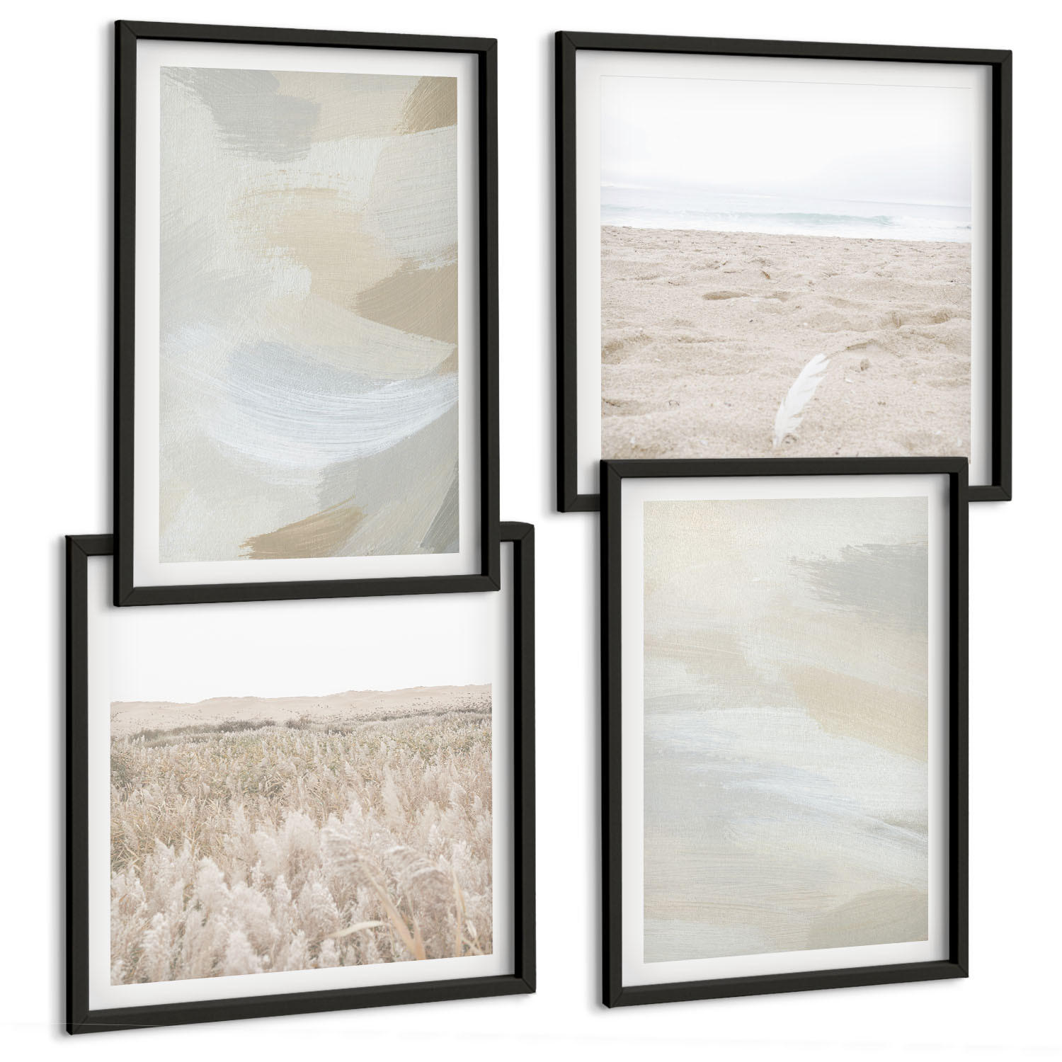 BILDER SET 4er Set - 50x50 cm & 40x60 cm Schwarzer Rahmen - Abstrakter Hintergrund mit feinen Strichen - Schwarz, Kunststoff (50/50cm) - TULUP