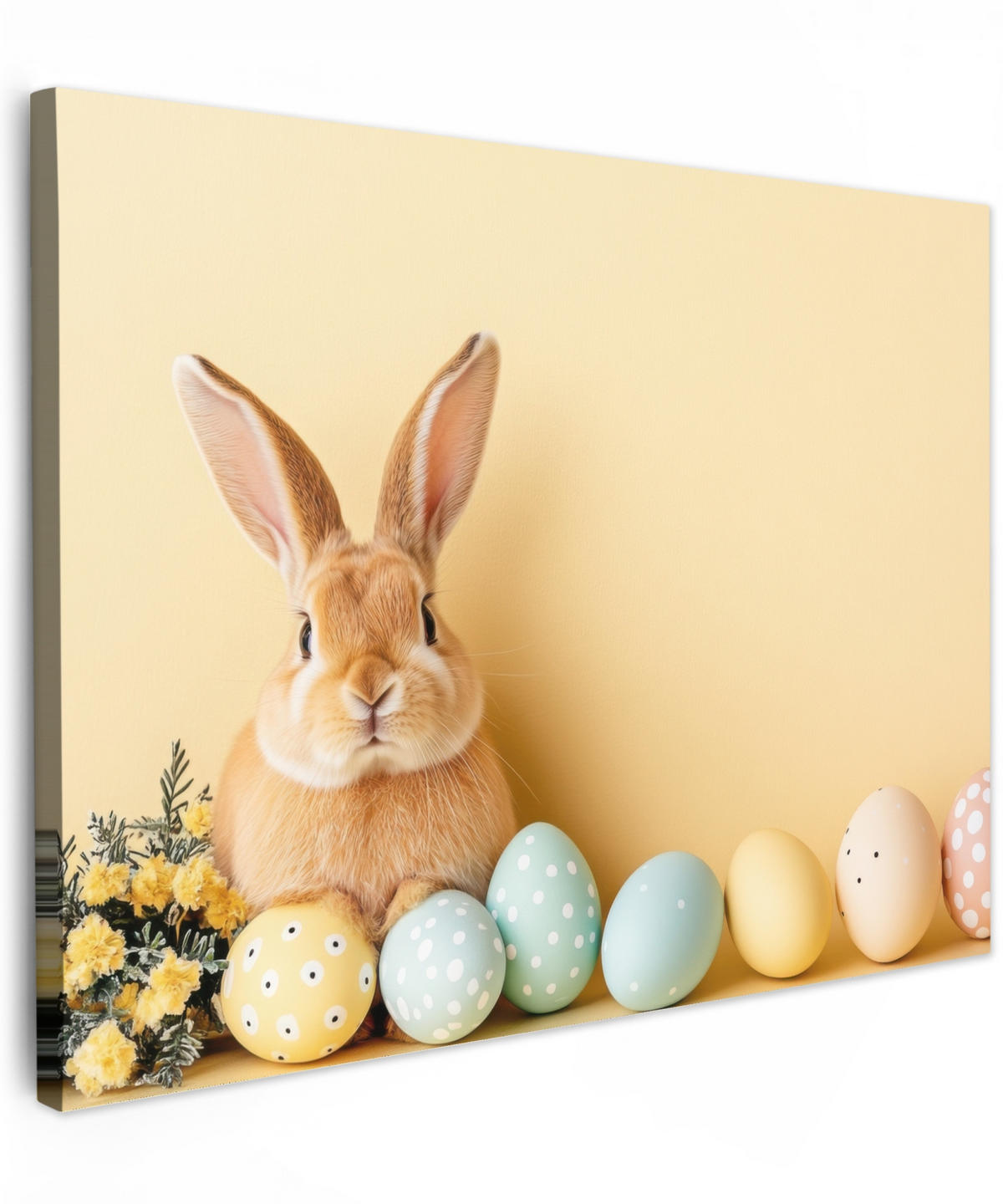 LEINWANDBILD Eier - Kaninchen - Pastellfarbtöne Wandbilder 80x60 cm - Hellgelb, Textil (80/60cm) - MuchoWow