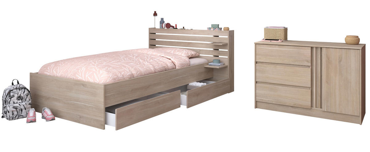 KINDERZIMMER Eiche japanisch, 2-teilig, Jugendzimmer-Set mit Bett 120 x 200 cm - Eichefarben, Holzwerkstoff/Metall (152/89/217cm) - Parisot Meuble