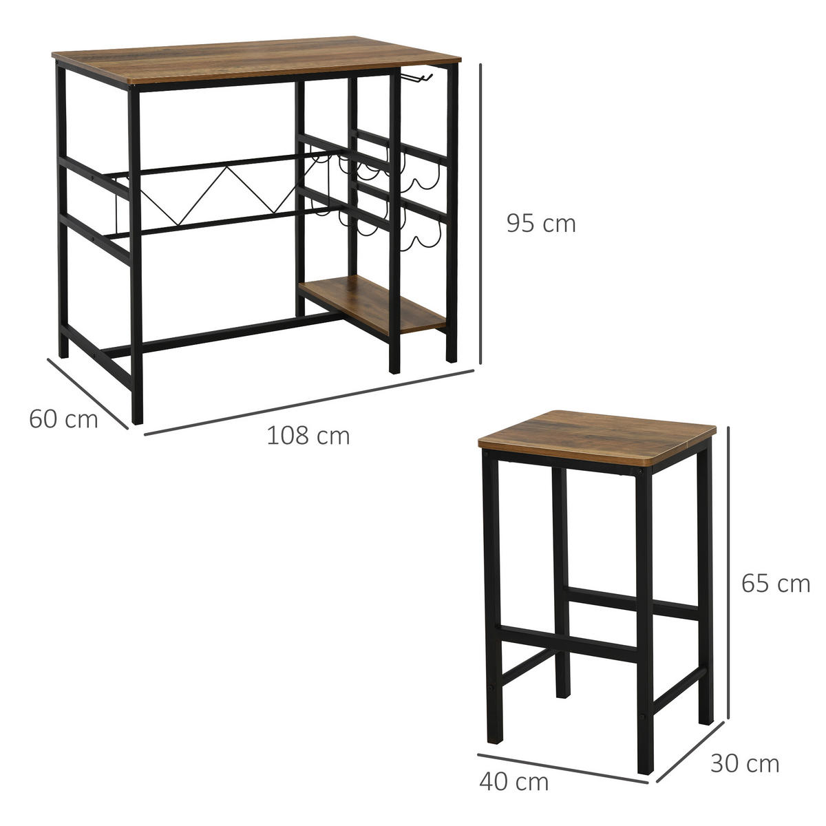 BARTISCH-SET, Spanplatte, Natur+Schwarz - Naturfarben, Kunststoff (60/95/108cm) - HOMCOM