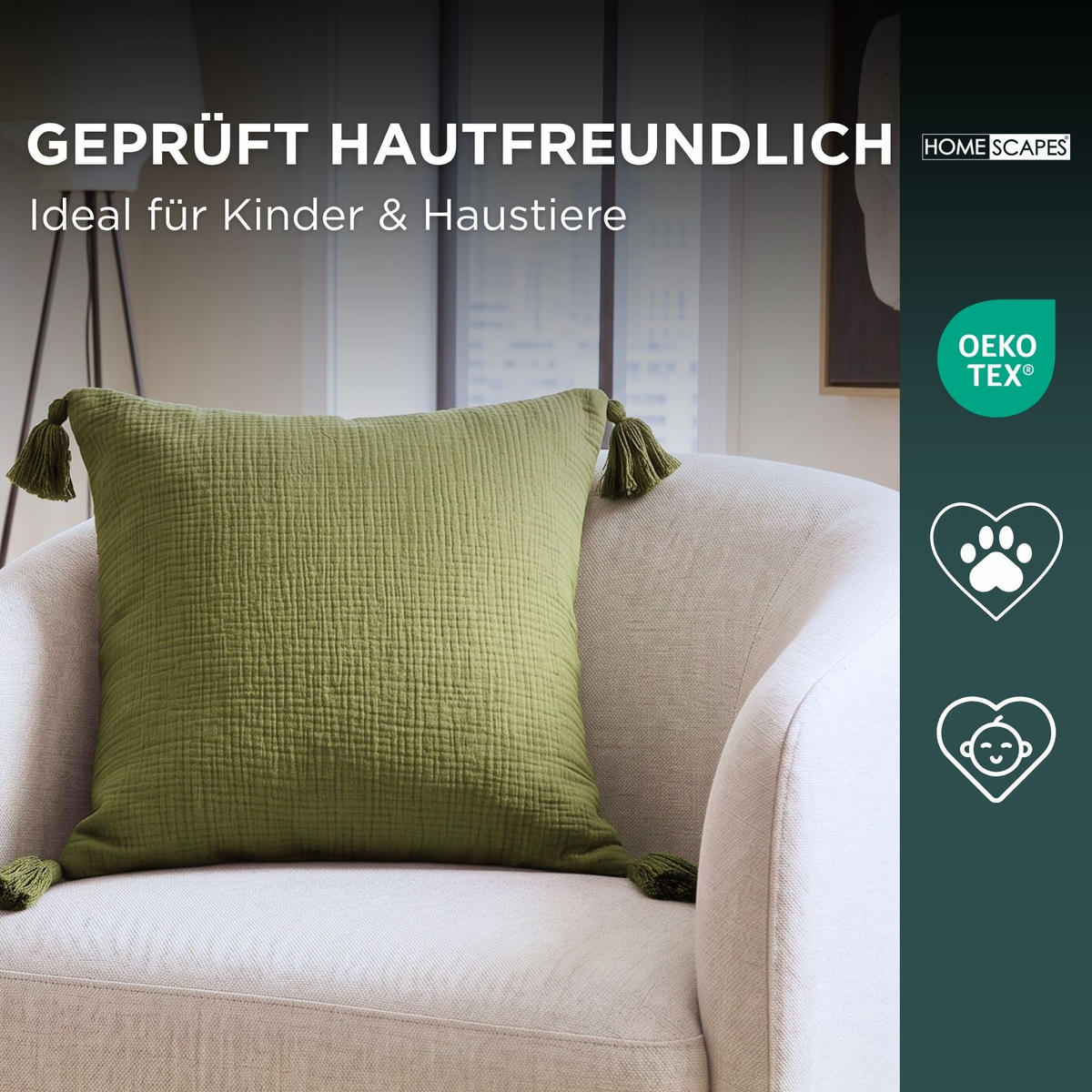 DEKOKISSEN Musselin salbei mit Quasten, 45/45 cm - Salbeigrün, Textil (45/45cm) - Homescapes