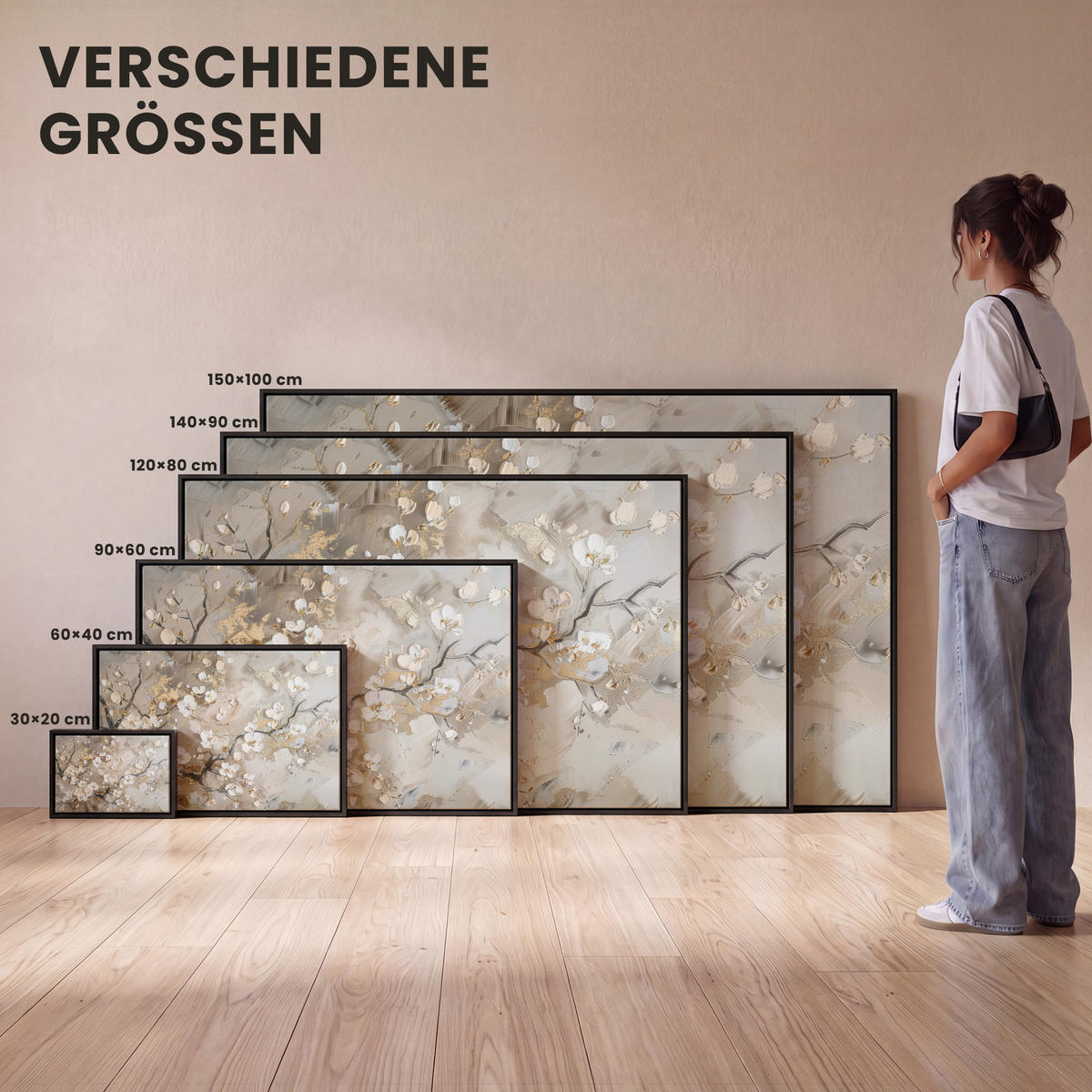 LEINWAND Bilder mit Rahmen - Blumen - Weiß - Gold - Beige - Luxus - 140x90 - Greige, Textil (140/90cm) - MuchoWow