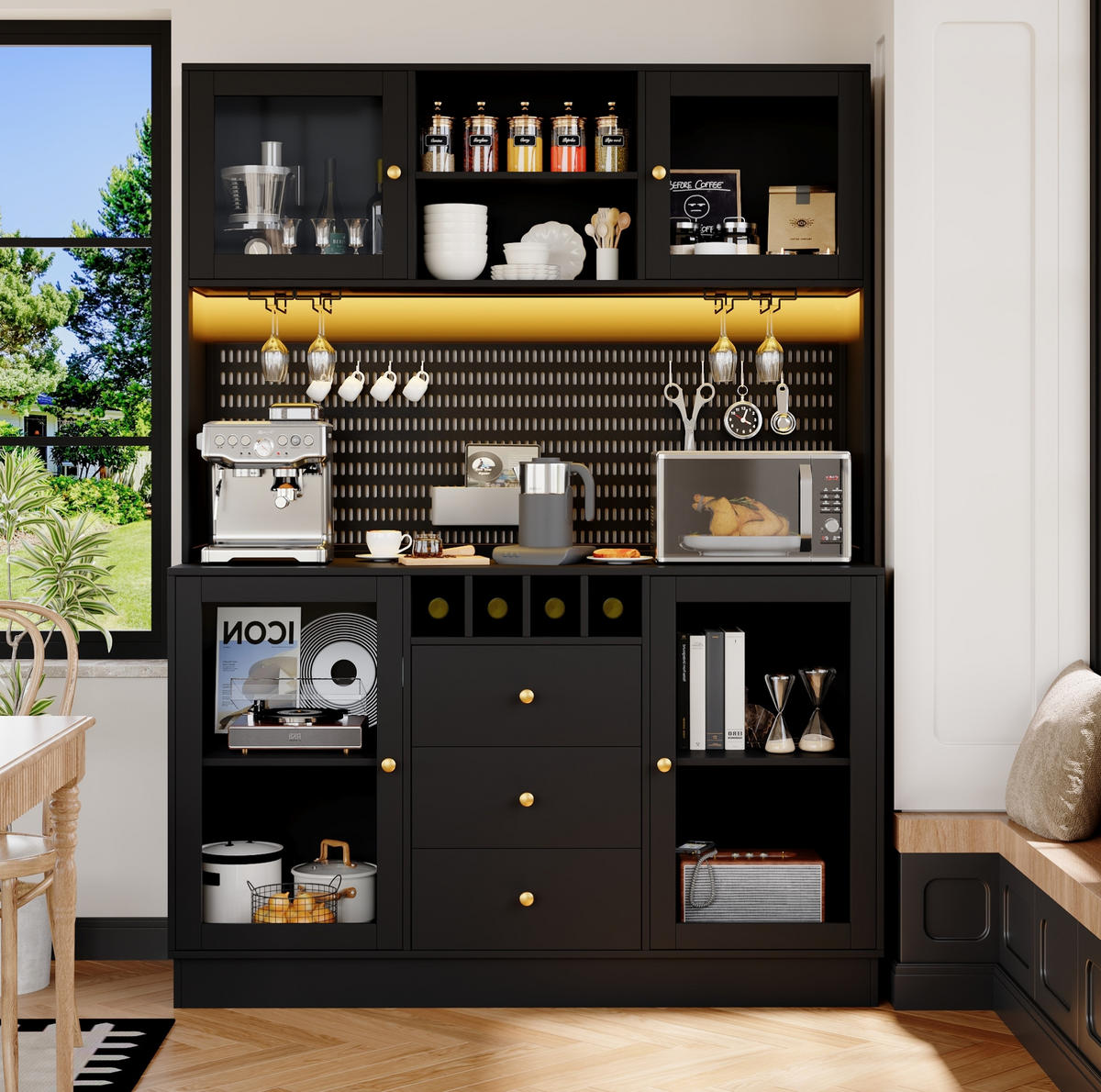 BUFFET 140/40/185,7 cm schwarz aus MDF und Glas mit LED-Beleuchtung - Schwarz, Holzwerkstoff (140/185.7/40cm) - OKWISH