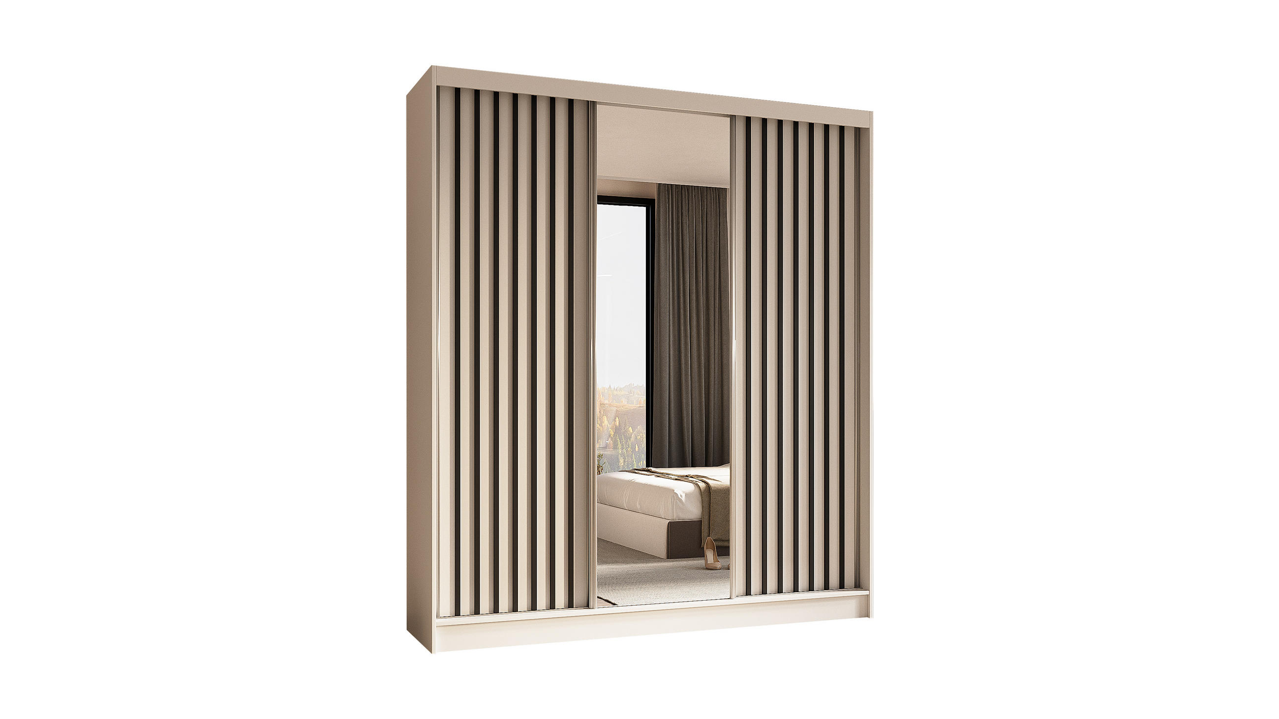 KLEIDERSCHRANK mit Spiegel-Schiebetüren und Aluminium-Leisten - LAMELO - 180 cm Weiß+Weiß+Schwarz - Schwarz/Weiß, Holzwerkstoff (180/216/61cm) - ALTDECOR