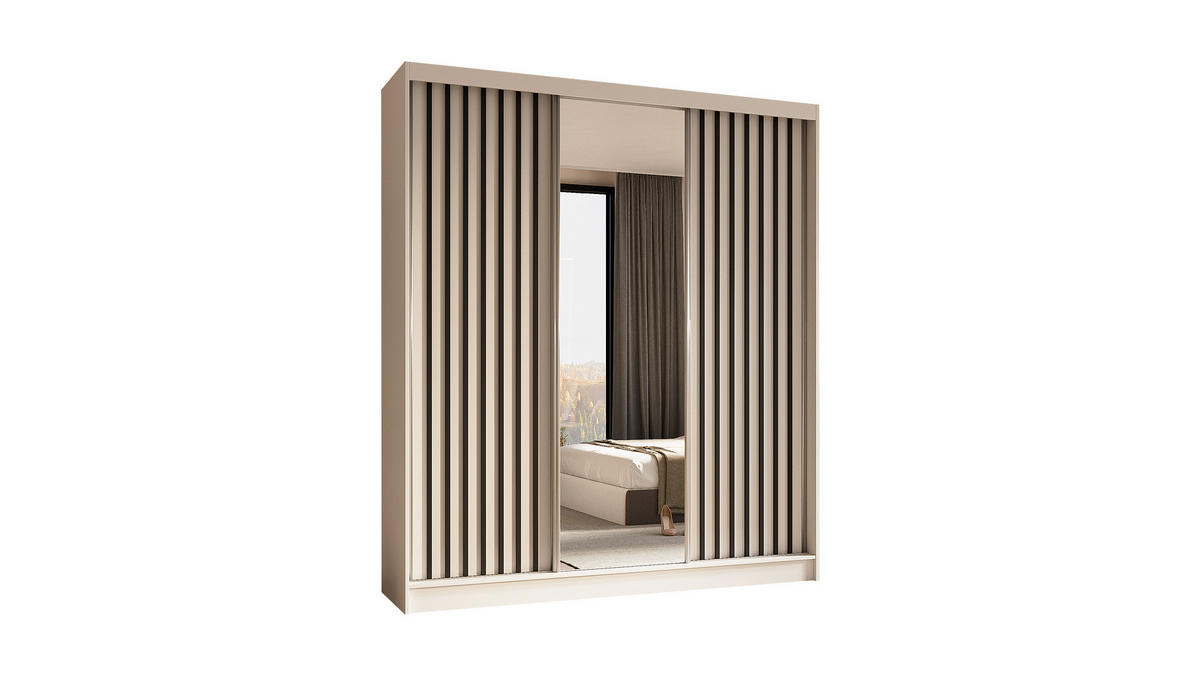 KLEIDERSCHRANK mit Spiegel-Schiebetüren und Aluminium-Leisten - LAMELO - 180 cm Weiß+Weiß+Schwarz - Schwarz/Weiß, Holzwerkstoff (180/216/61cm) - ALTDECOR