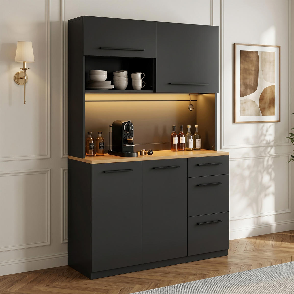 BUFFETSCHRANK 120x40x180cm LED Steckdose USB Schwarz - Schwarz, Holzwerkstoff (120/180/40cm) - FLIEKS