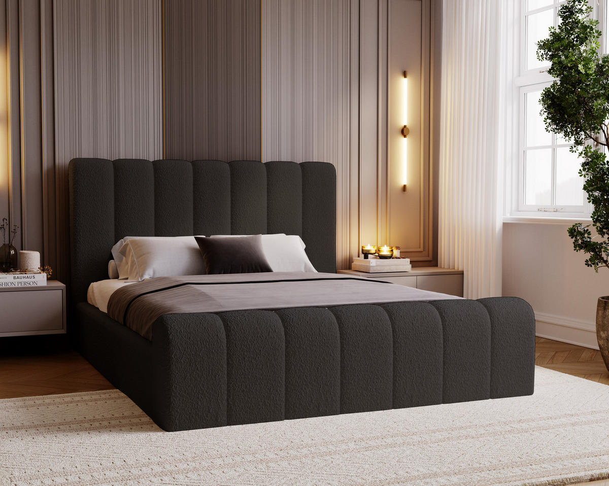POLSTERBETT 160x200 Valetta mit Bettkasten, Bouclé Schwarz - Schwarz, Holz/Textil (160/200cm) - Emporius