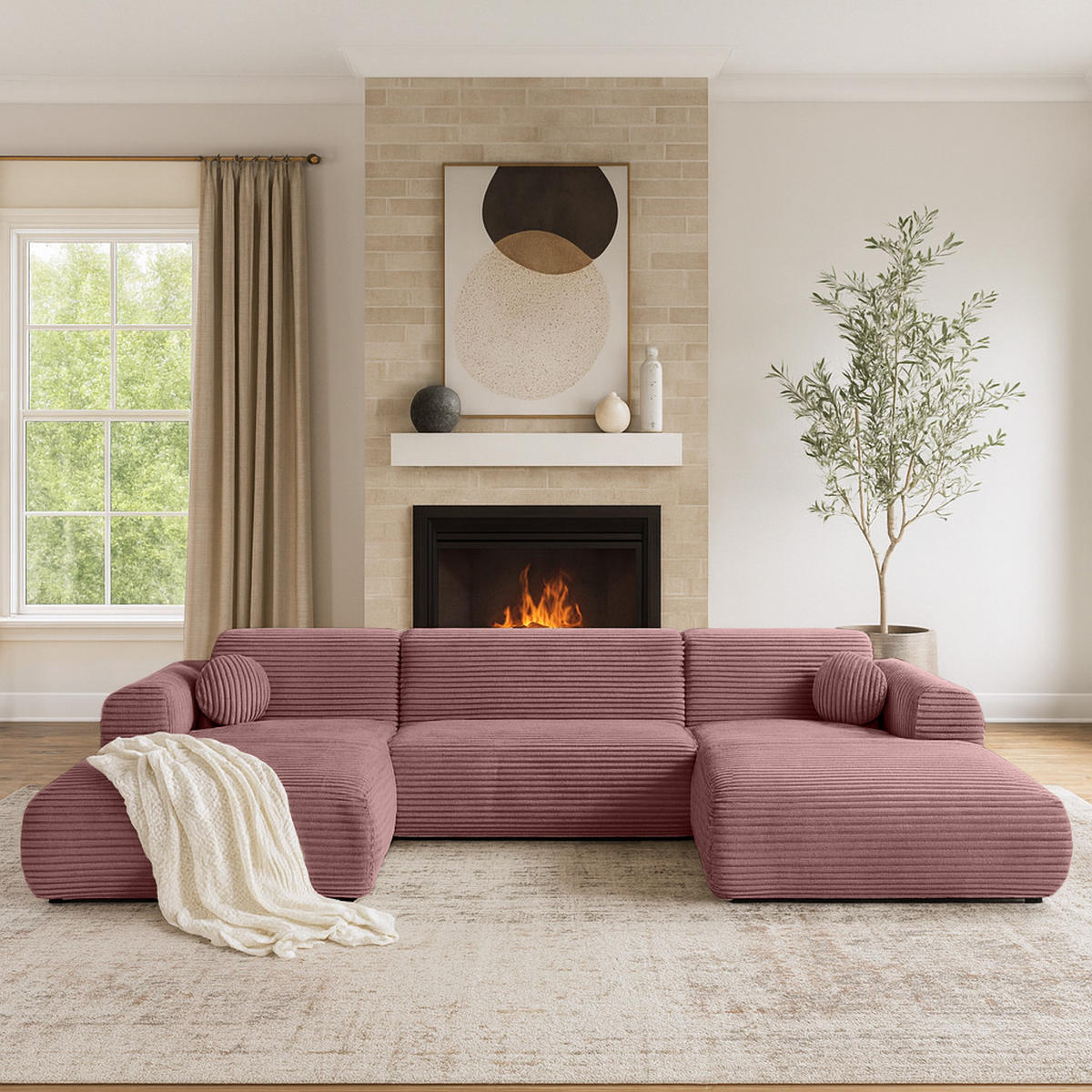 WOHNLANDSCHAFT Puerto U ohne Schlaffunktion, Rosa, Cordstoff - Dunkelrosa/Schwarz, Holzwerkstoff (363/76/170cm) - Beautysofa
