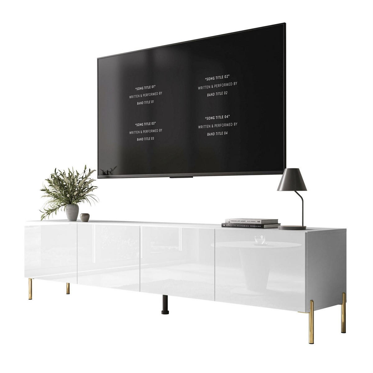 TV-LOWBOARD COLGANTE 200 cm auf Gold Metallbeinen - Weiß Hochglanz/Goldfarben, Holzwerkstoff/Metall (200/50/40cm) - Lookway