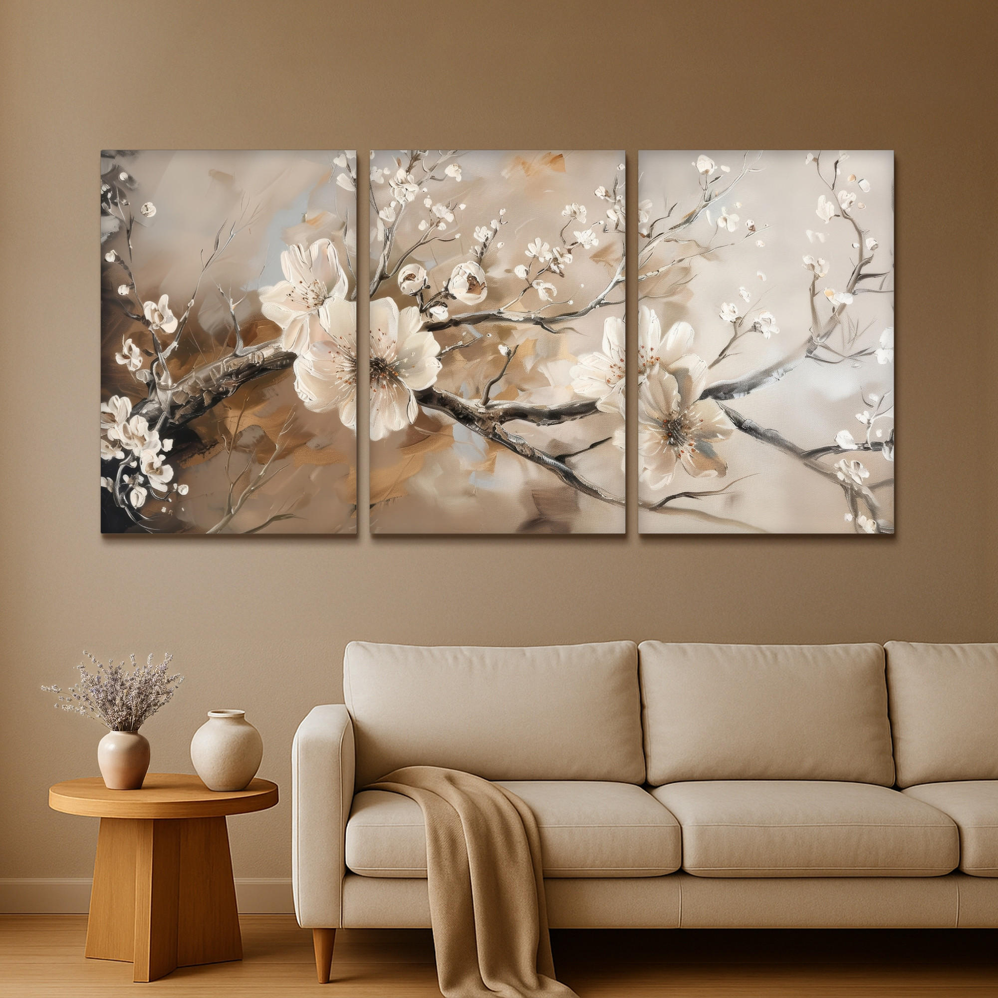 LEINWANDBILD 3er Set Blüte - Beige - Abstrakt - Blumen 240x120 cm - Hellbraun, Textil (240/120cm) - MuchoWow