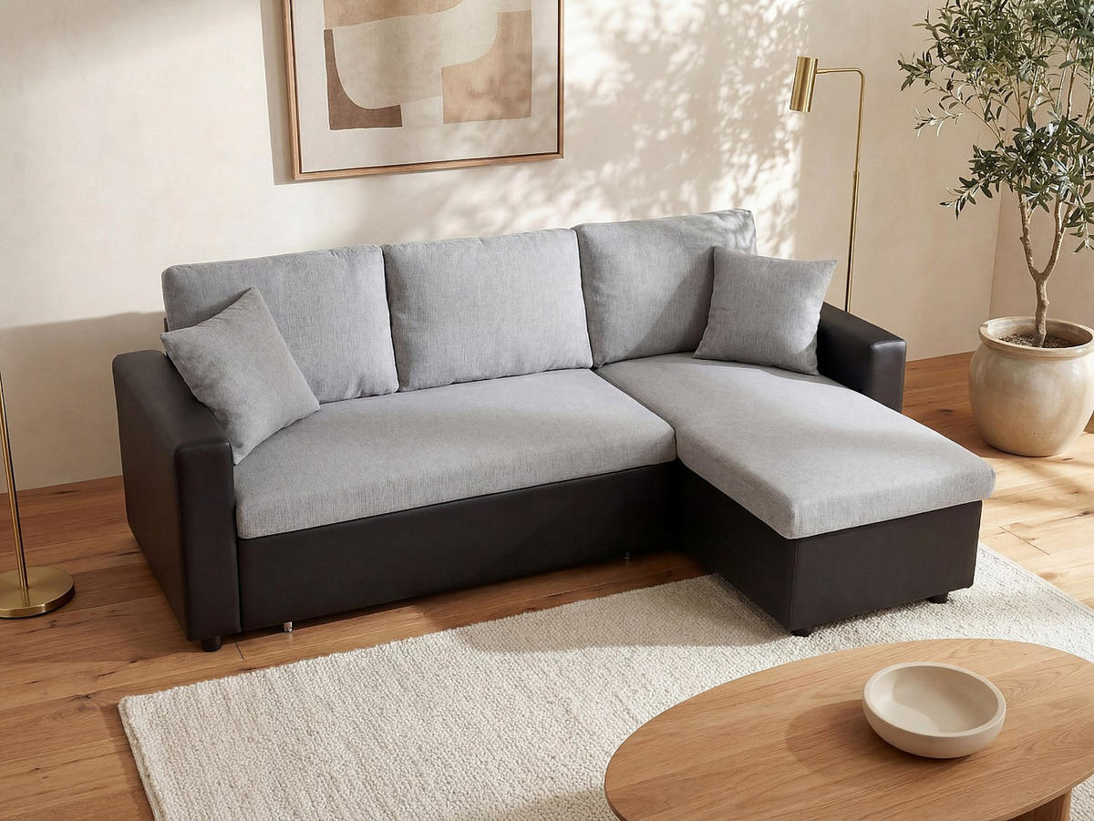 SCHLAFSOFA - 4 Personen-Sitzer - Stoff - Schwarz, Hellgrau - - Schwarz, Textil (223/85/146cm) - Vente-Unique