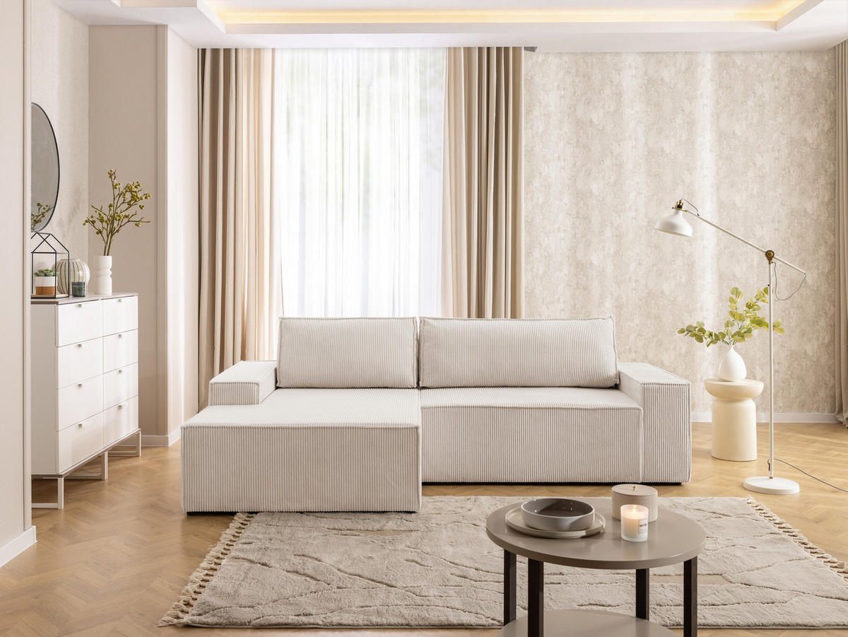 ECKSOFA Rivio mit Schlaffunktion und Bettkasten, Cordstoff Beige - Beige/Schwarz, Holz/Kunststoff (149/262cm) - S-Style